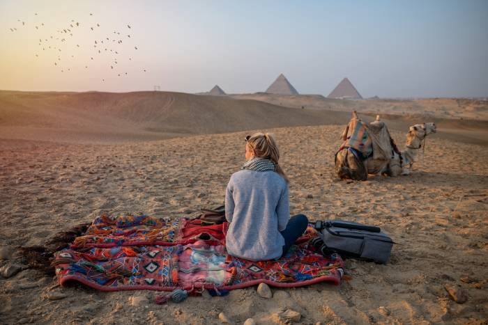 Traveler enjoying a peaceful desert sunset near the Great Pyramids of Giza with camels resting nearby.