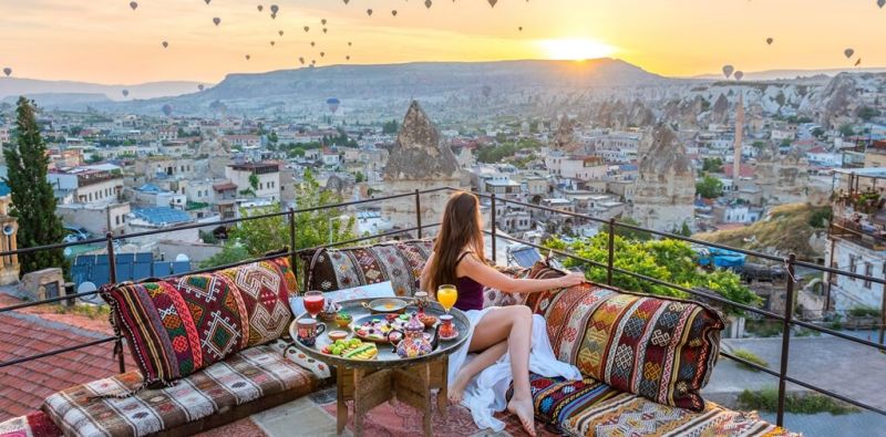Tourists with a terrace view of Turkey